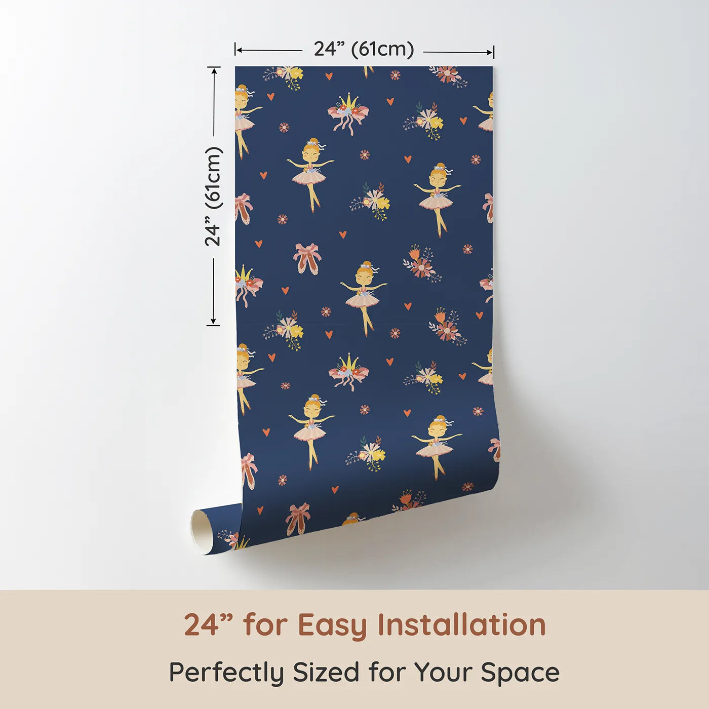 Dimension view of Whimsy Tots Blush Ballerina Dreams Wallpaper in Starlight Stage (W3124C). Printed in 24-inch-wide panel for easy installation. Soft tutus and crowns glide across a moonlit navy backdrop.