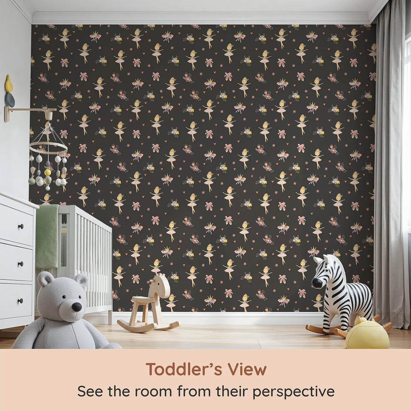 Whimsy Tots Blush Ballerina Dreams Wallpaper in Twilight Rehearsal (W3124D) from your child's view.Blushing tutus twirl softly across a deep twilight stage.