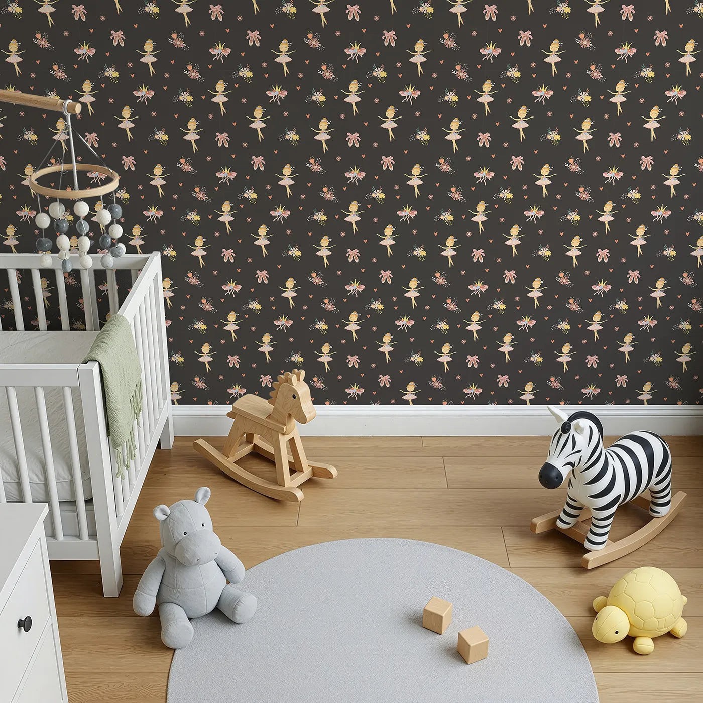 Top-Down view of Whimsy Tots' Blush Ballerina Dreams Wallpaper in Twilight Rehearsal (W3124D).Blushing tutus twirl softly across a deep twilight stage.