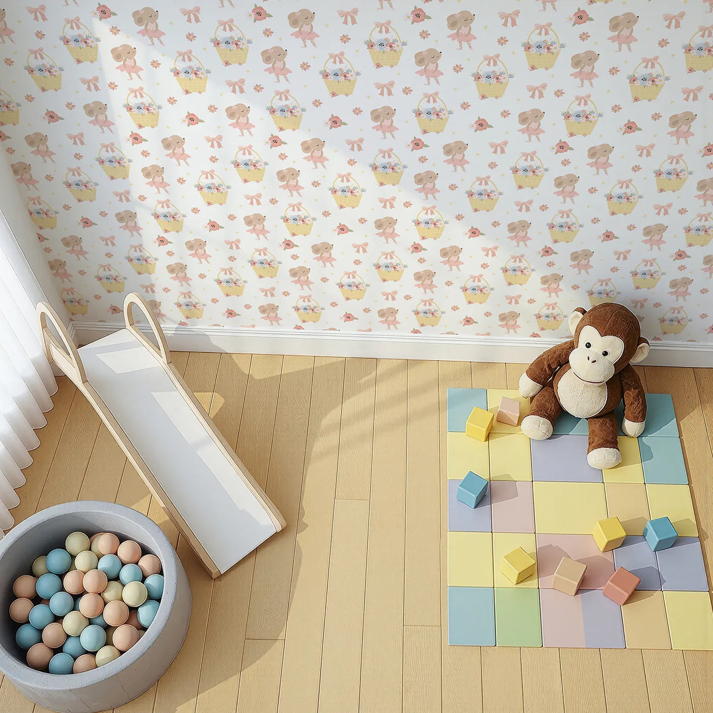 Top-Down view of Whimsy Tots' Ballet Mouse Garden Wallpaper in Cream Tulle (W3126A).Soft pink tutus and flower baskets swirl through a sunny cream space.