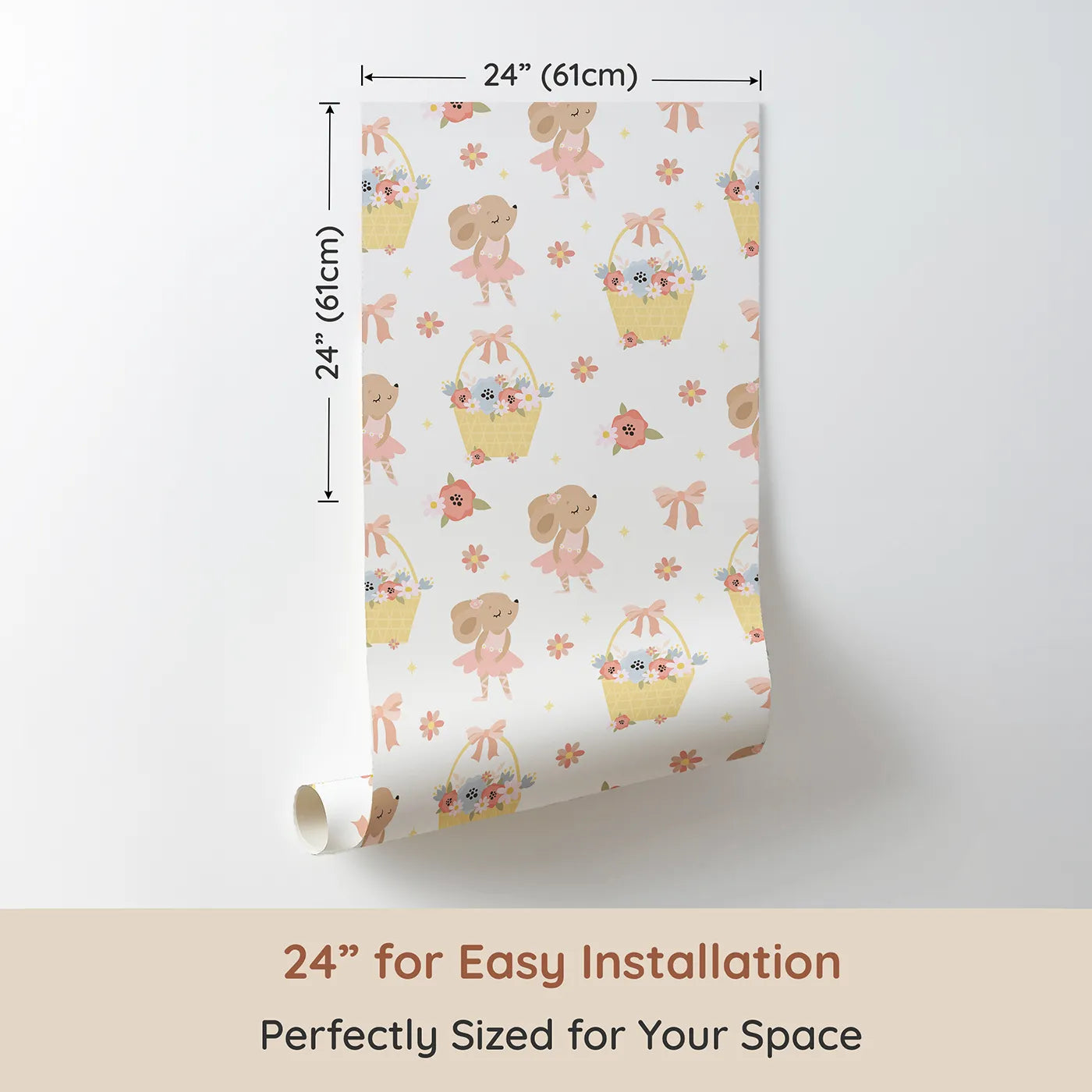 Dimension view of Whimsy Tots Ballet Mouse Garden Wallpaper in Cream Tulle (W3126A). Printed in 24-inch-wide panel for easy installation. Soft pink tutus and flower baskets swirl through a sunny cream space.