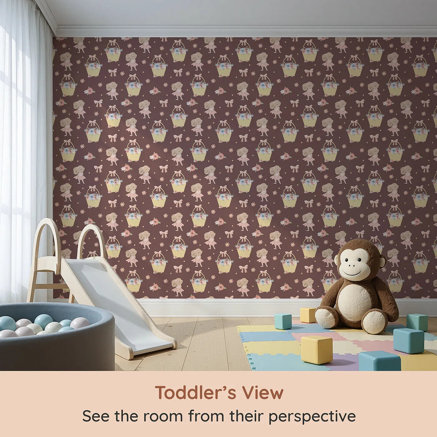 Whimsy Tots Ballet Mouse Garden Wallpaper in Cocoa Blossom Brown (W3126B) from your child's view.Tiny tutus and flower baskets bloom across a soft cocoa sky.