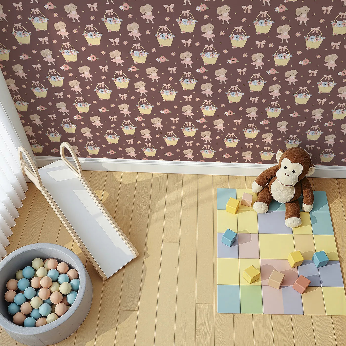 Top-Down view of Whimsy Tots' Ballet Mouse Garden Wallpaper in Cocoa Blossom Brown (W3126B).Tiny tutus and flower baskets bloom across a soft cocoa sky.
