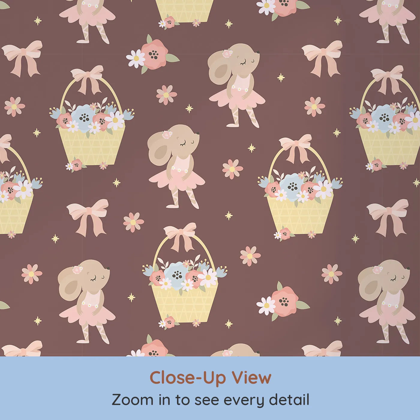 Close-up view of Whimsy Tots' Ballet Mouse Garden Wallpaper in Cocoa Blossom Brown (W3126B).Tiny tutus and flower baskets bloom across a soft cocoa sky.