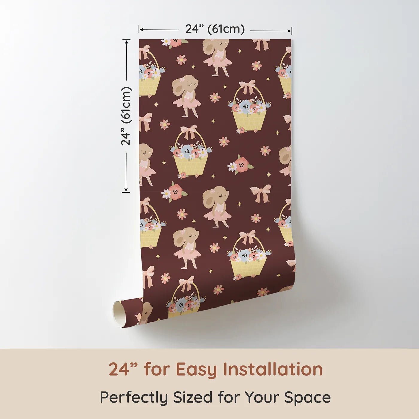 Dimension view of Whimsy Tots Ballet Mouse Garden Wallpaper in Cocoa Blossom Brown (W3126B). Printed in 24-inch-wide panel for easy installation. Tiny tutus and flower baskets bloom across a soft cocoa sky.