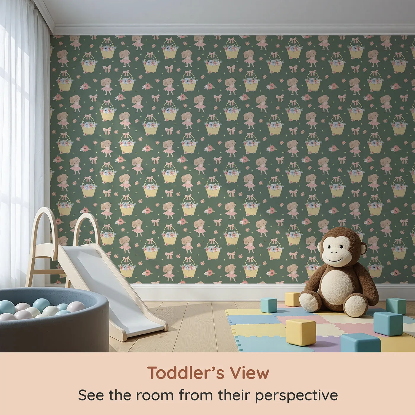 Whimsy Tots Ballet Mouse Garden Wallpaper in Woodland Waltz (W3126C) from your child's view.Ballerina mice twirl through bows and blooms on a deep woodland green.