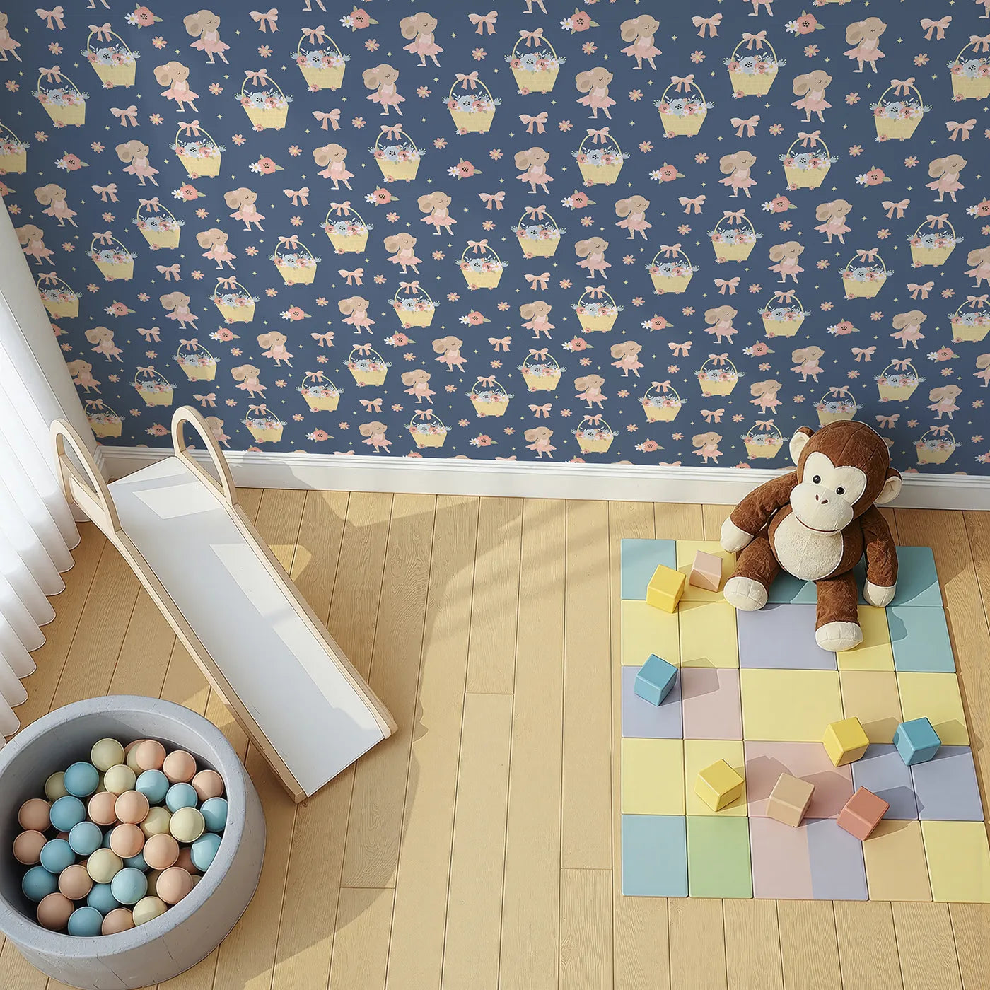 Top-Down view of Whimsy Tots' Ballet Mouse Garden Wallpaper in Twilight Bloom (W3126D).Soft bows and dancing mice bloom gently across a dusky navy sky.