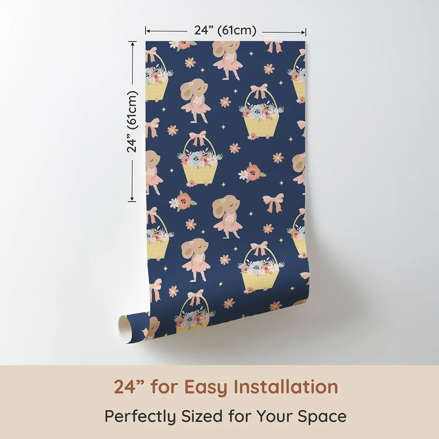 Dimension view of Whimsy Tots Ballet Mouse Garden Wallpaper in Twilight Bloom (W3126D). Printed in 24-inch-wide panel for easy installation. Soft bows and dancing mice bloom gently across a dusky navy sky.