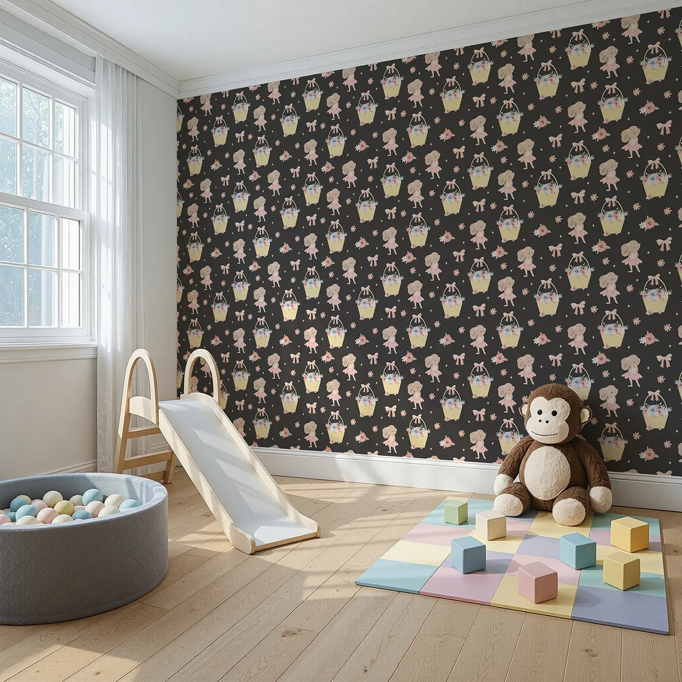 Angled view of Whimsy Tots' Ballet Mouse Garden Wallpaper in Midnight Petal (W3126E).Delicate dancers and floral baskets shimmer against a moonlit charcoal sky.
