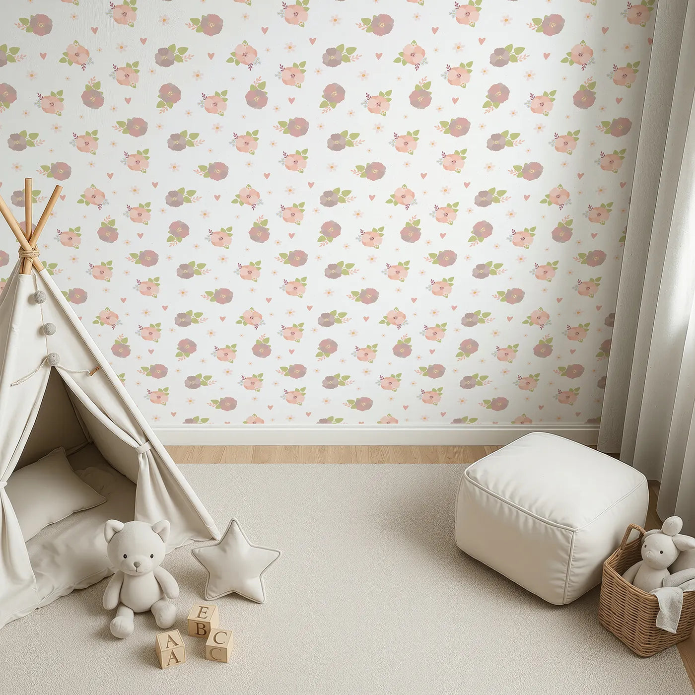 Top-Down view of Whimsy Tots' Soft Garden Posy Wallpaper in Cream Blossom (W3127A).Gentle florals and leafy bouquets bloom across a fresh white canvas.