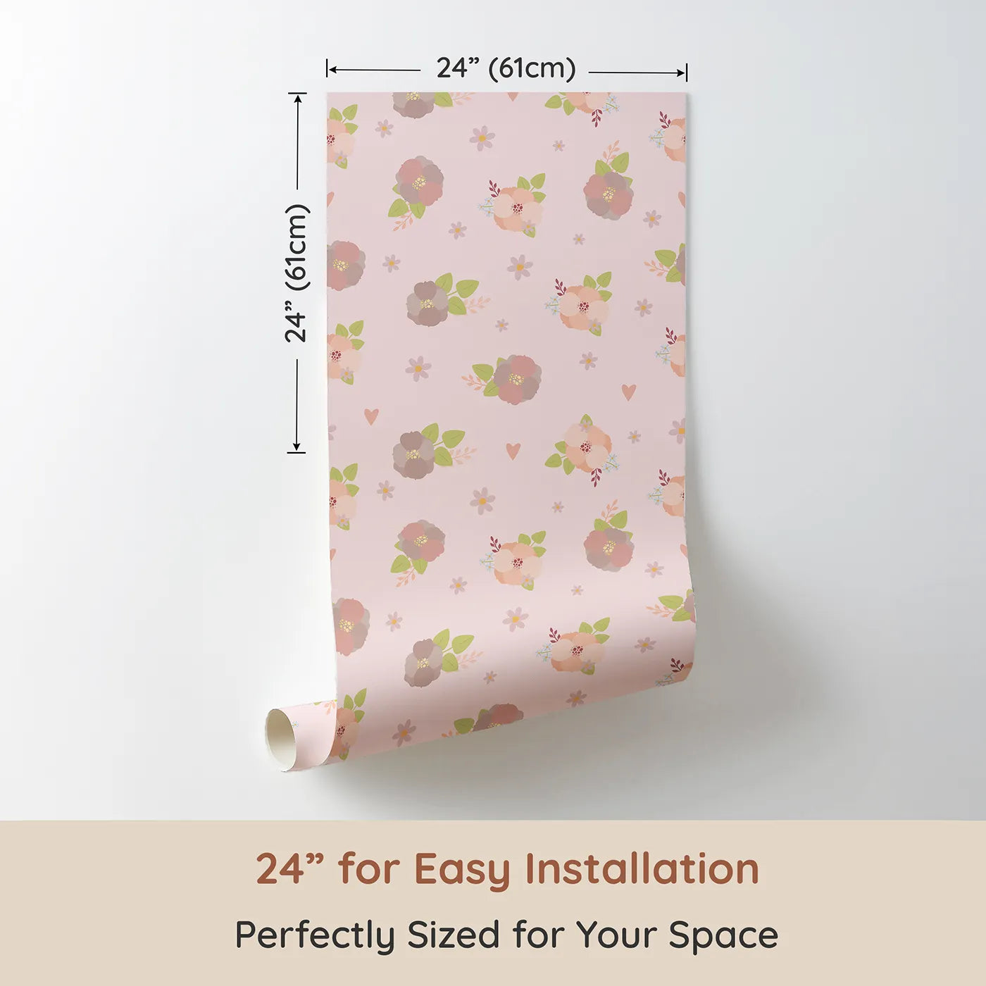 Dimension view of Whimsy Tots Soft Garden Posy Wallpaper in Petal Pink (W3127B). Printed in 24-inch-wide panel for easy installation. Blush florals and leafy bunches dance gently over soft petal pink.