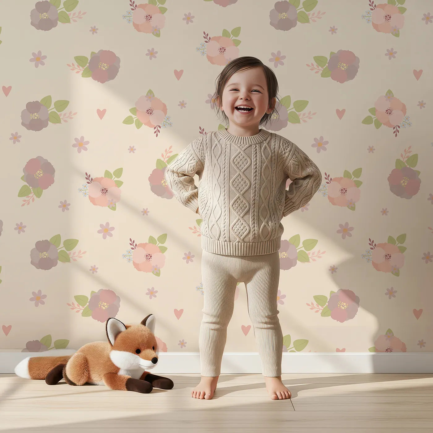Lovely child standing in front of Whimsy Tots Soft Garden Posy Wallpaper in Butter Petal with flower, bouquet, leaf, heart in design.