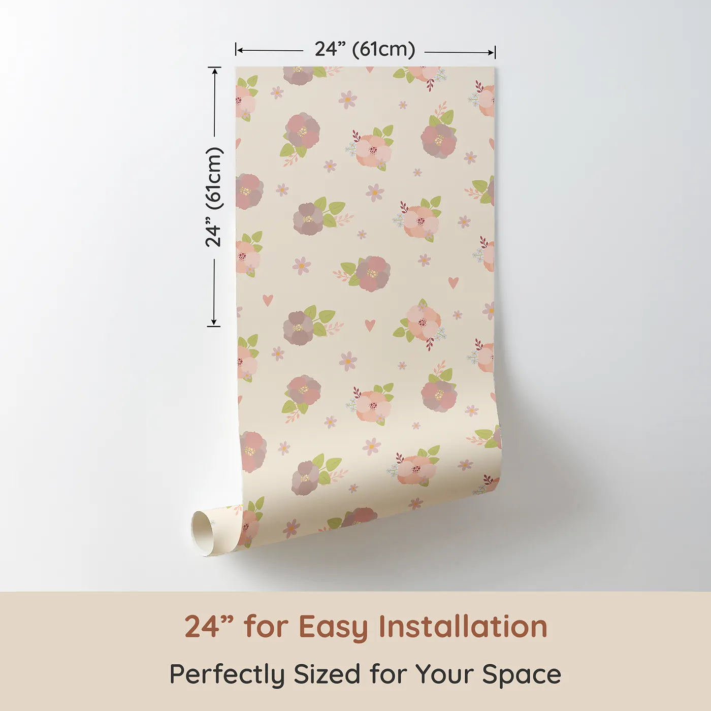 Dimension view of Whimsy Tots Soft Garden Posy Wallpaper in Butter Petal (W3127C). Printed in 24-inch-wide panel for easy installation. Peachy florals and playful greens glow gently on buttery cream.