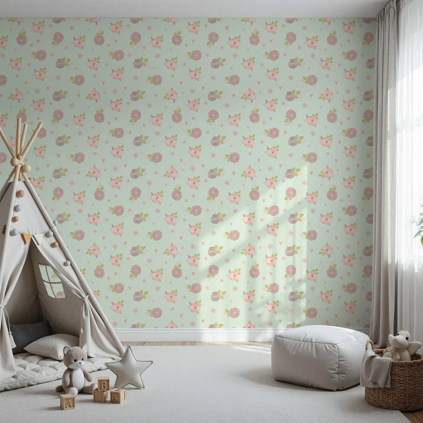 Front view of Whimsy Tots' Soft Garden Posy Wallpaper in Mint Meadow Green