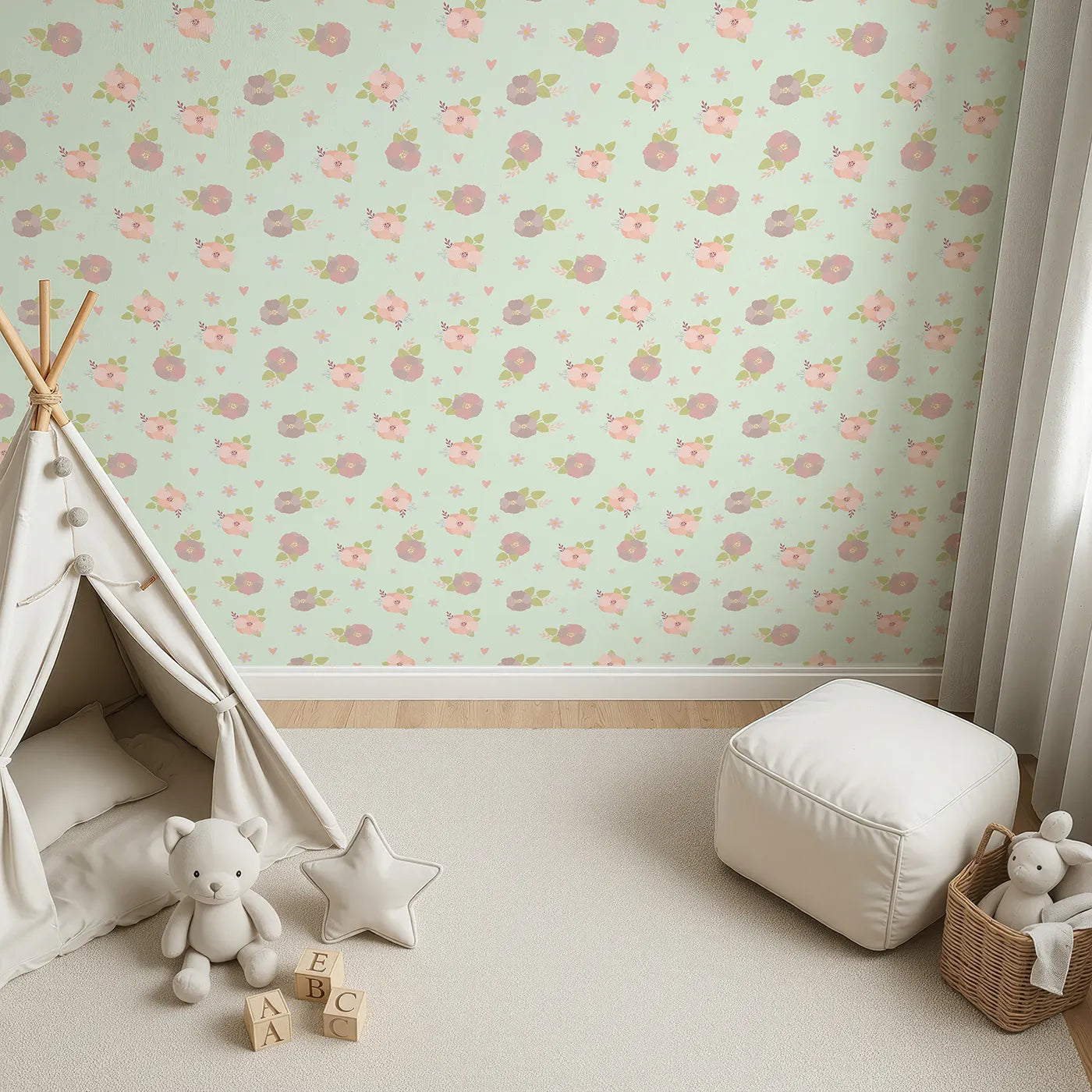 Top-Down view of Whimsy Tots' Soft Garden Posy Wallpaper in Mint Meadow Green (W3127D).Delicate florals and soft greens bloom gently across minty skies.
