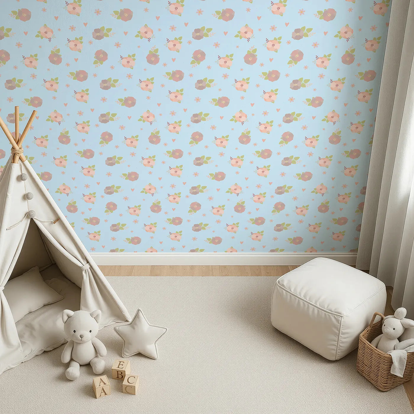 Top-Down view of Whimsy Tots' Soft Garden Posy Wallpaper in Sky Petal (W3127E).Pretty posies and hearts bloom gently across soft sky blue.