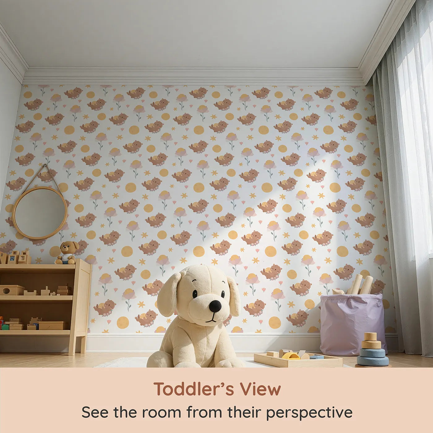 Whimsy Tots Moonlit Bear Dreams Wallpaper in Cream Sky (W3128A) from your child's view.Soft bears and moonflowers drift peacefully through creamy clouds.