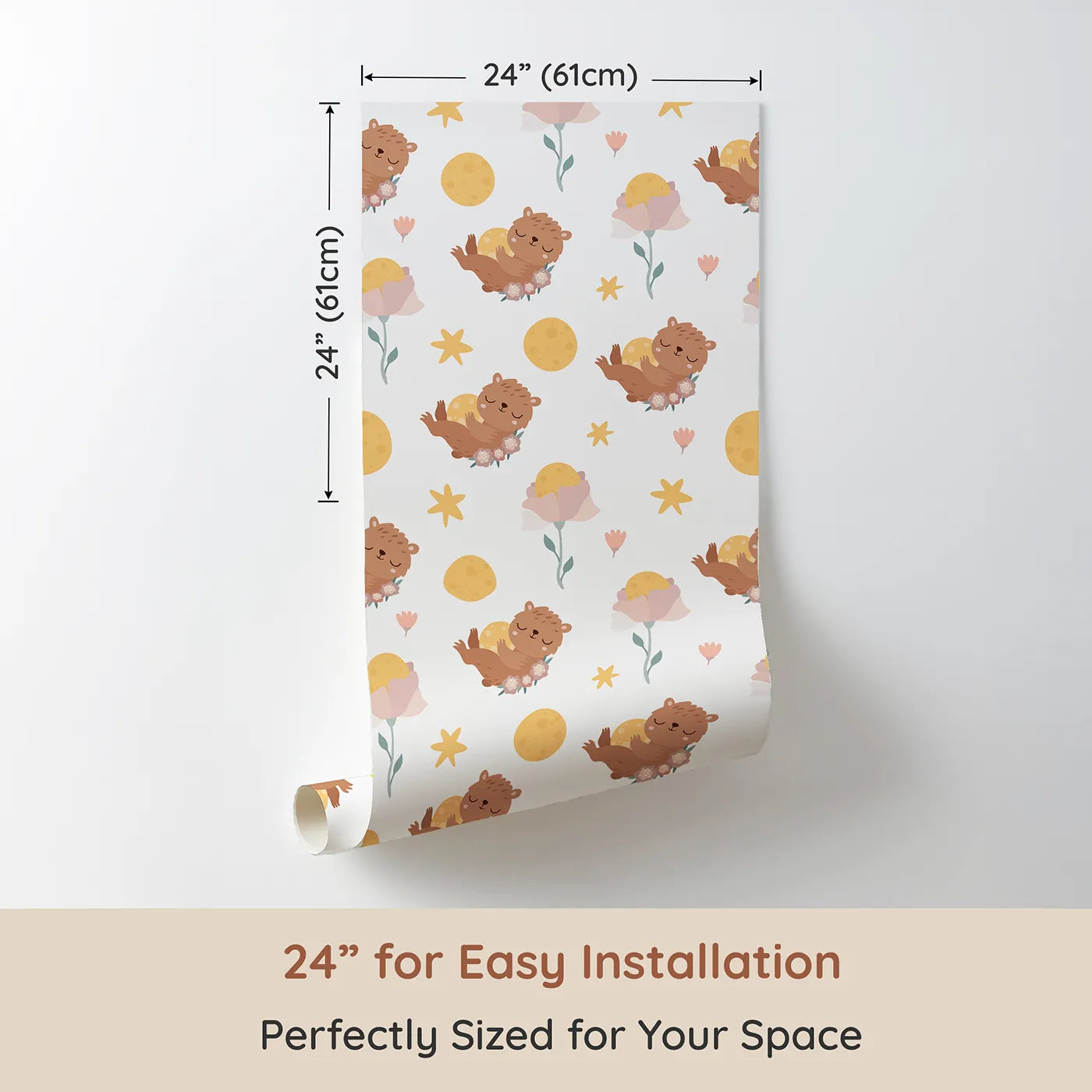 Dimension view of Whimsy Tots Moonlit Bear Dreams Wallpaper in Cream Sky (W3128A). Printed in 24-inch-wide panel for easy installation. Soft bears and moonflowers drift peacefully through creamy clouds.