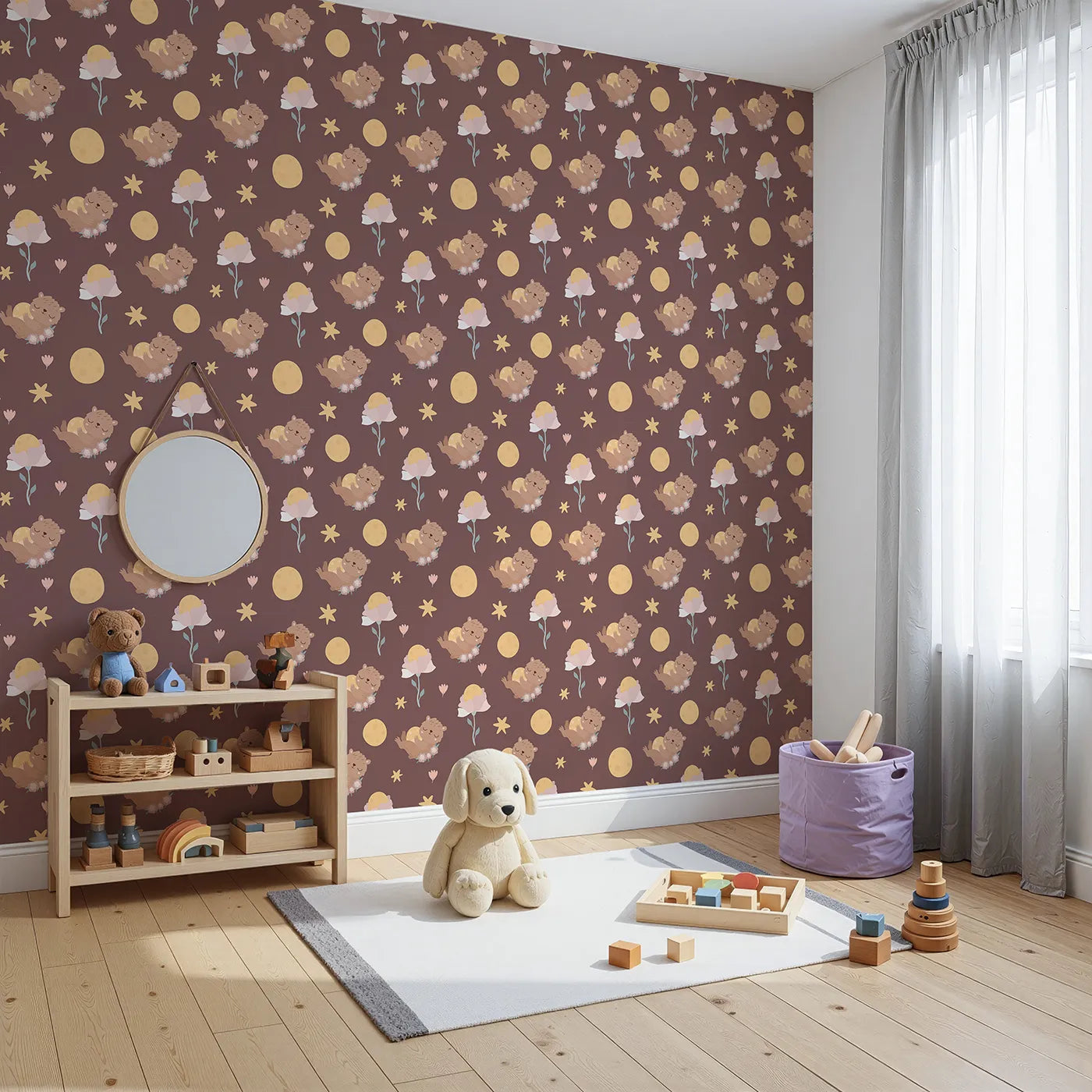 Angled view of Whimsy Tots' Moonlit Bear Dreams Wallpaper in Cocoa Night Brown (W3128B).Twinkling stars and cuddly bears float across a warm cocoa sky.