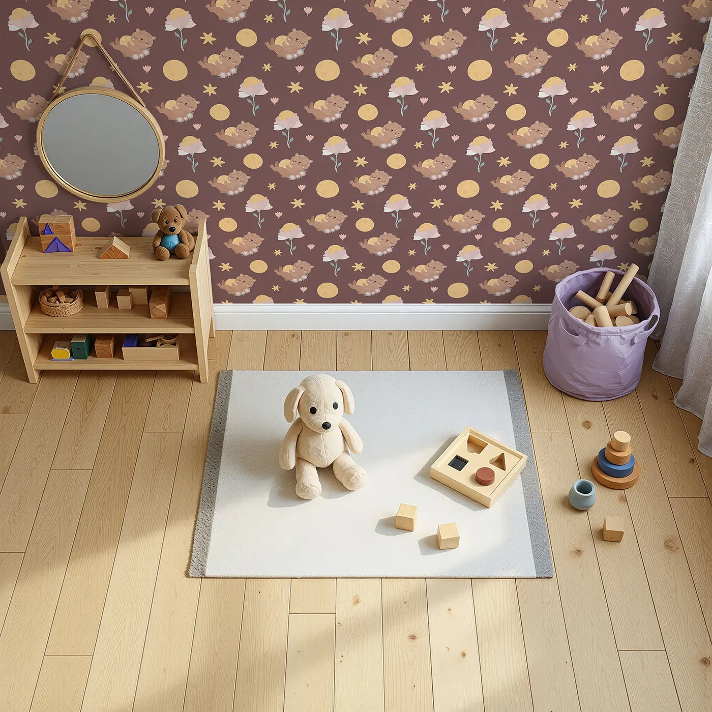 Top-Down view of Whimsy Tots' Moonlit Bear Dreams Wallpaper in Cocoa Night Brown (W3128B).Twinkling stars and cuddly bears float across a warm cocoa sky.