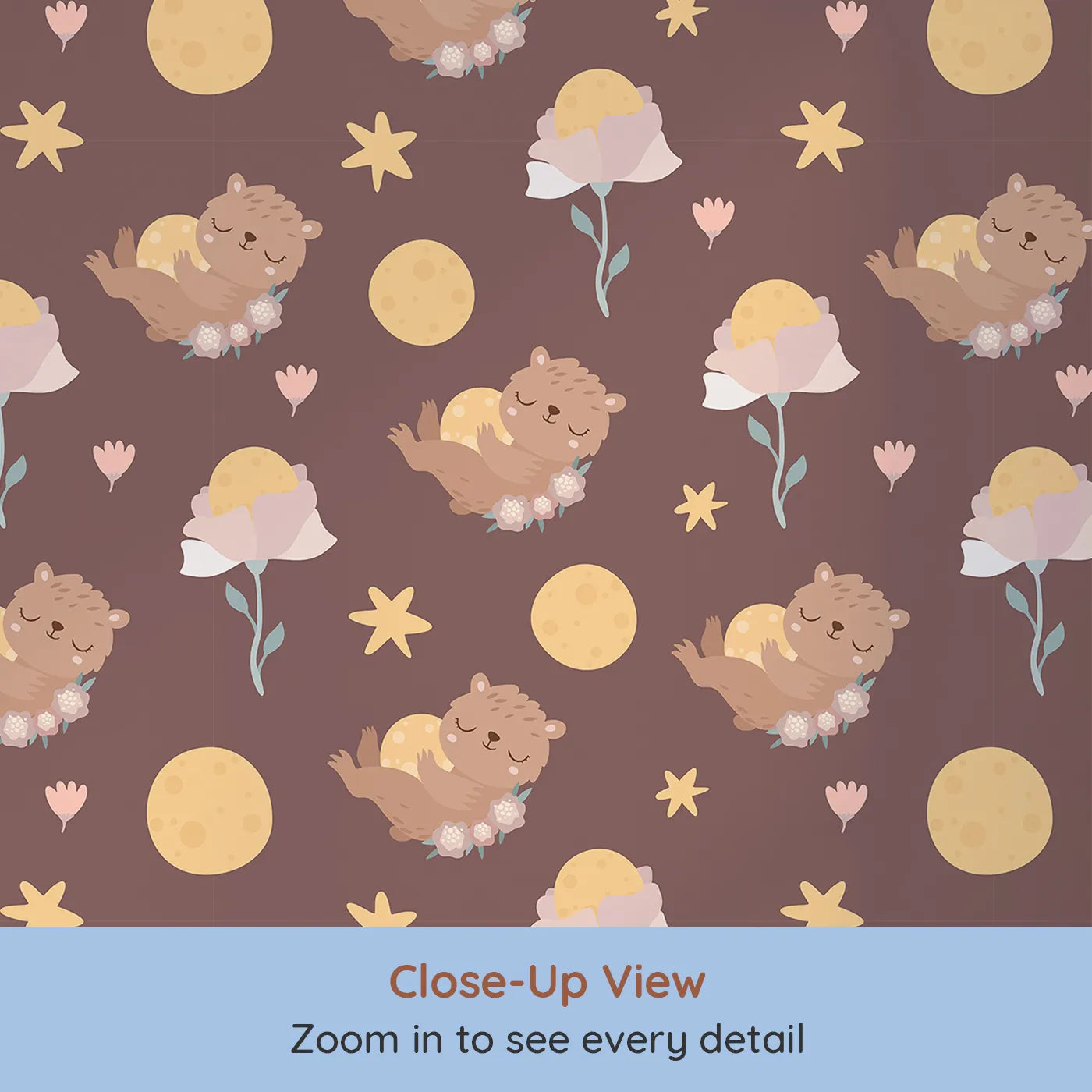 Close-up view of Whimsy Tots' Moonlit Bear Dreams Wallpaper in Cocoa Night Brown (W3128B).Twinkling stars and cuddly bears float across a warm cocoa sky.