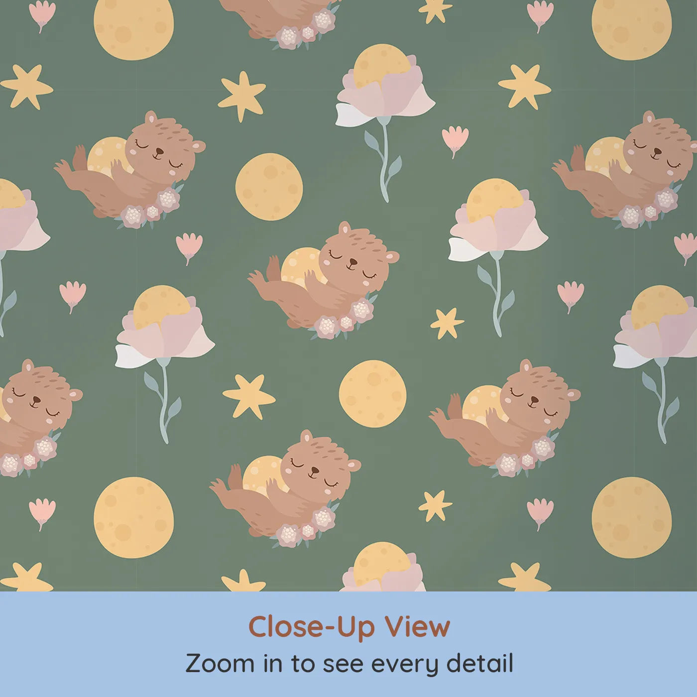 Close-up view of Whimsy Tots' Moonlit Bear Dreams Wallpaper in Forest Lullaby Green (W3128C).Bears, moons, and stars float gently across forest green calm.