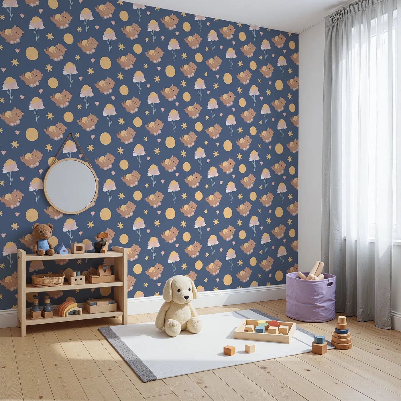 Angled view of Whimsy Tots' Moonlit Bear Dreams Wallpaper in Twilight Sky (W3128D).Bears and moons twinkle across a cozy navy sky full of dreams.