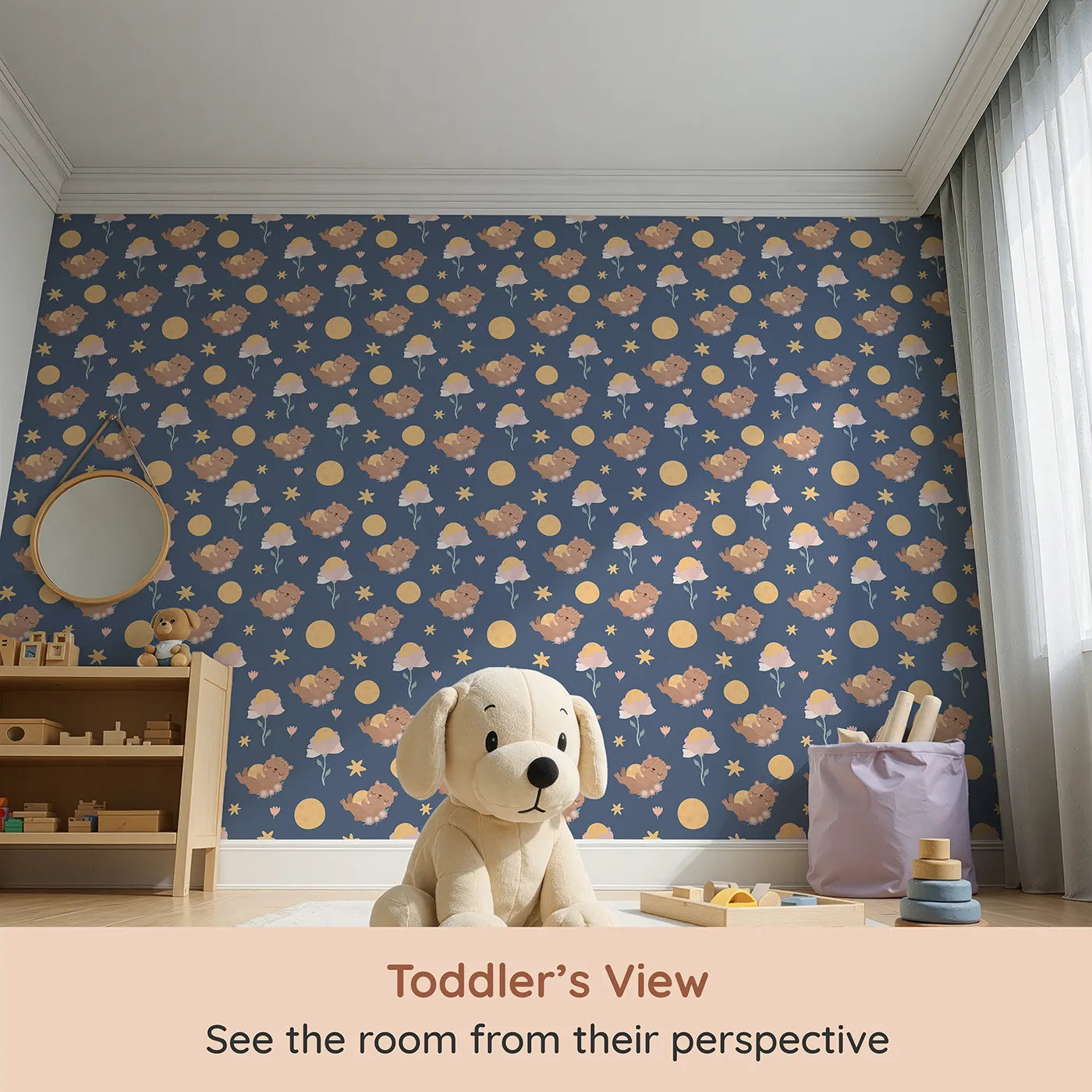 Whimsy Tots Moonlit Bear Dreams Wallpaper in Twilight Sky (W3128D) from your child's view.Bears and moons twinkle across a cozy navy sky full of dreams.