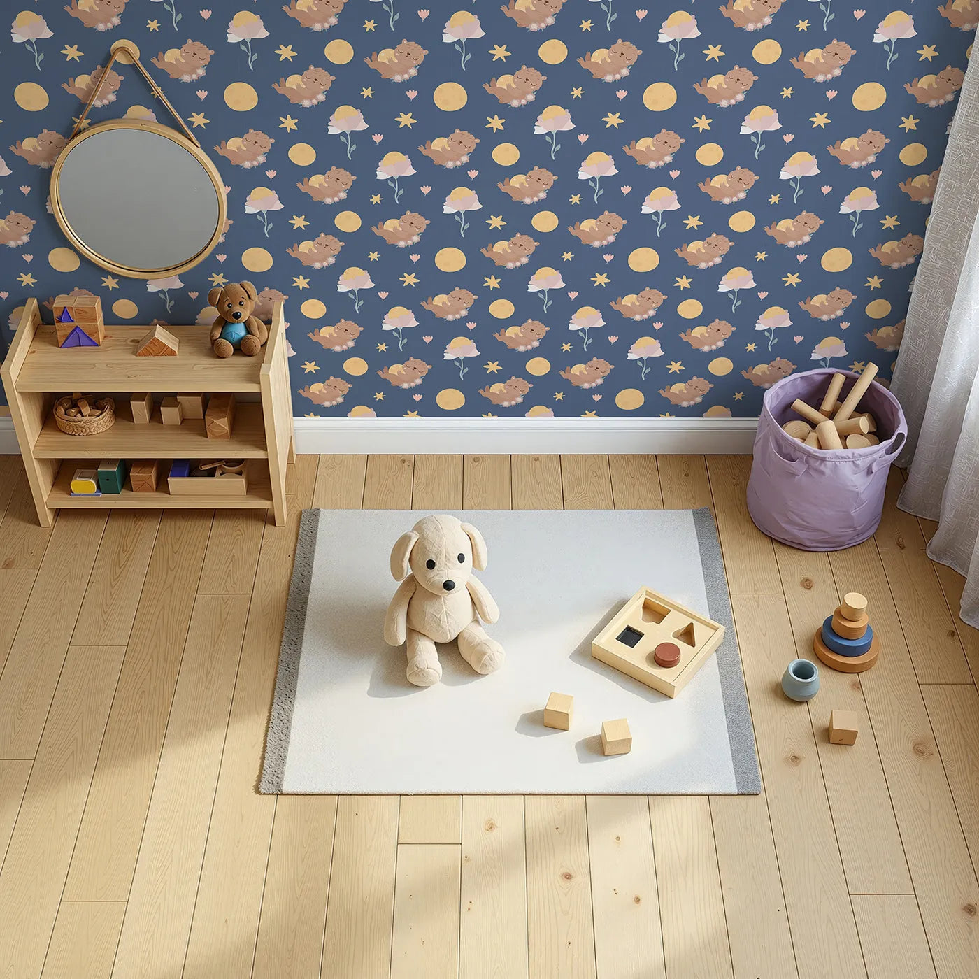 Top-Down view of Whimsy Tots' Moonlit Bear Dreams Wallpaper in Twilight Sky (W3128D).Bears and moons twinkle across a cozy navy sky full of dreams.