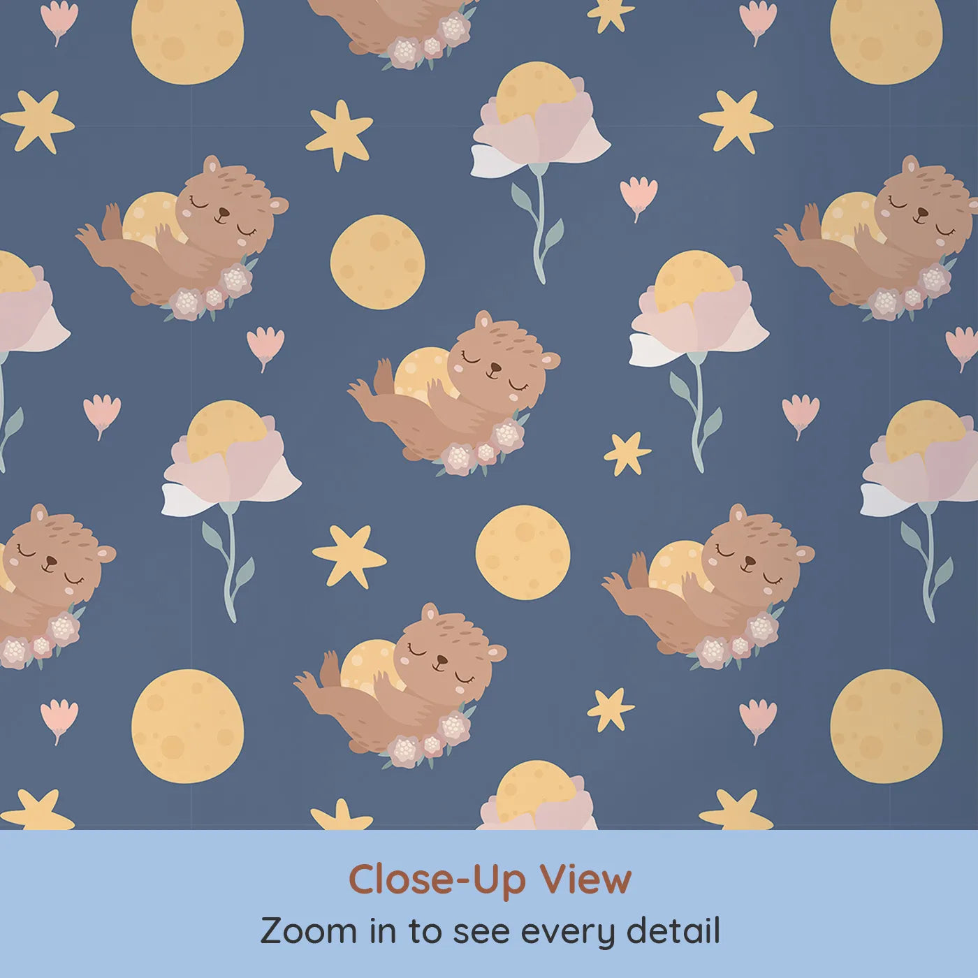 Close-up view of Whimsy Tots' Moonlit Bear Dreams Wallpaper in Twilight Sky (W3128D).Bears and moons twinkle across a cozy navy sky full of dreams.