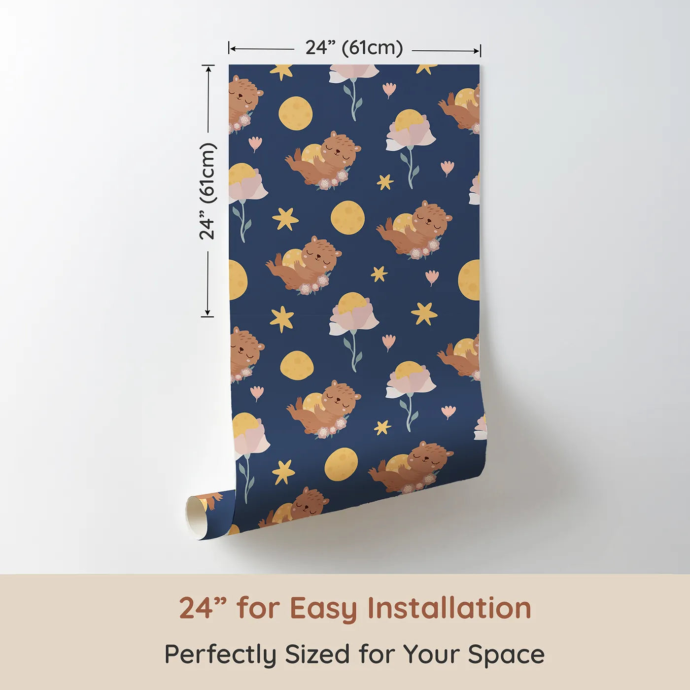 Dimension view of Whimsy Tots Moonlit Bear Dreams Wallpaper in Twilight Sky (W3128D). Printed in 24-inch-wide panel for easy installation. Bears and moons twinkle across a cozy navy sky full of dreams.