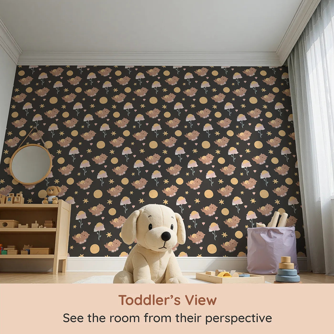 Whimsy Tots Moonlit Bear Dreams Wallpaper in Midnight Cocoa Brown (W3128E) from your child's view.Golden moons and sleeping bears rest against a deep chocolate sky.