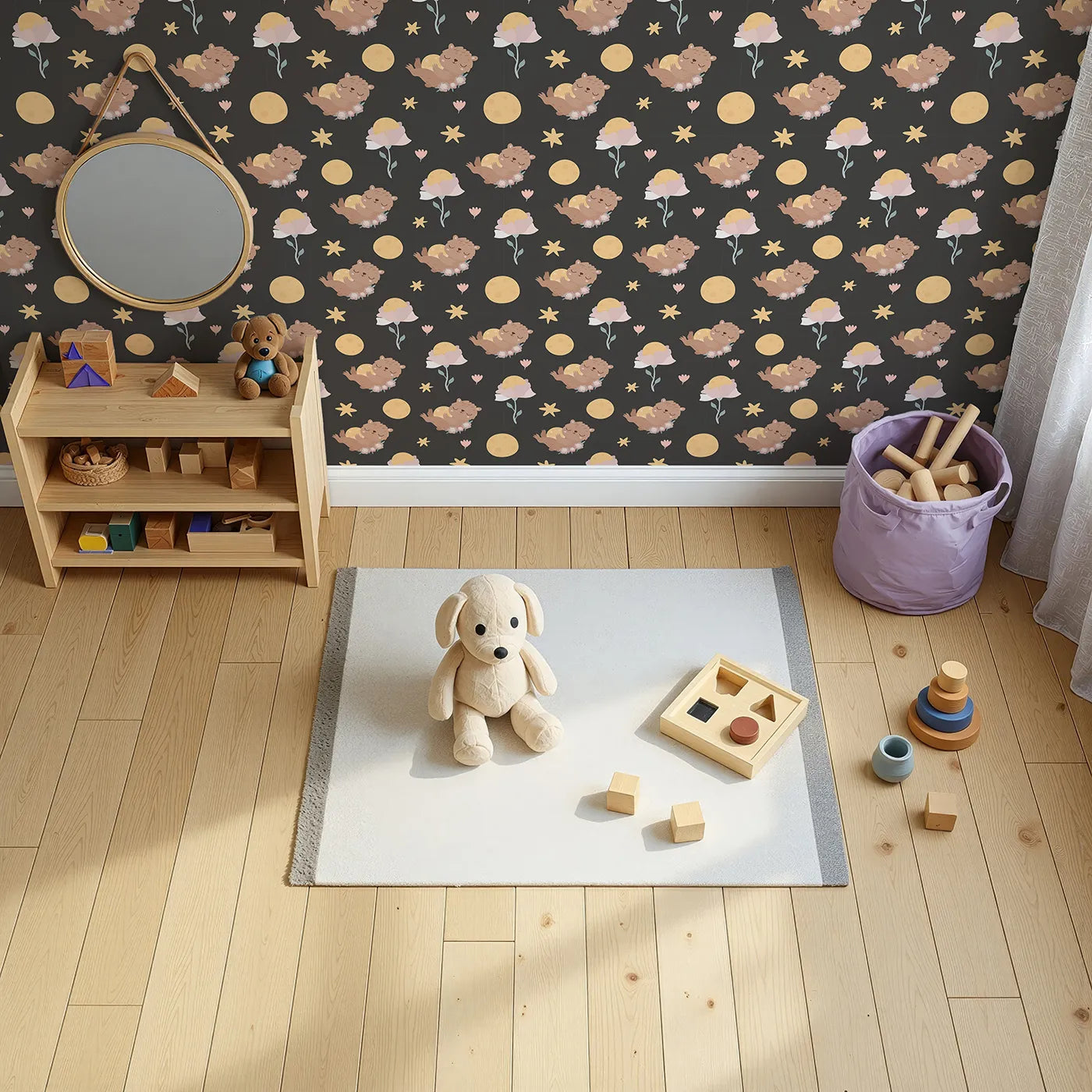 Top-Down view of Whimsy Tots' Moonlit Bear Dreams Wallpaper in Midnight Cocoa Brown (W3128E).Golden moons and sleeping bears rest against a deep chocolate sky.