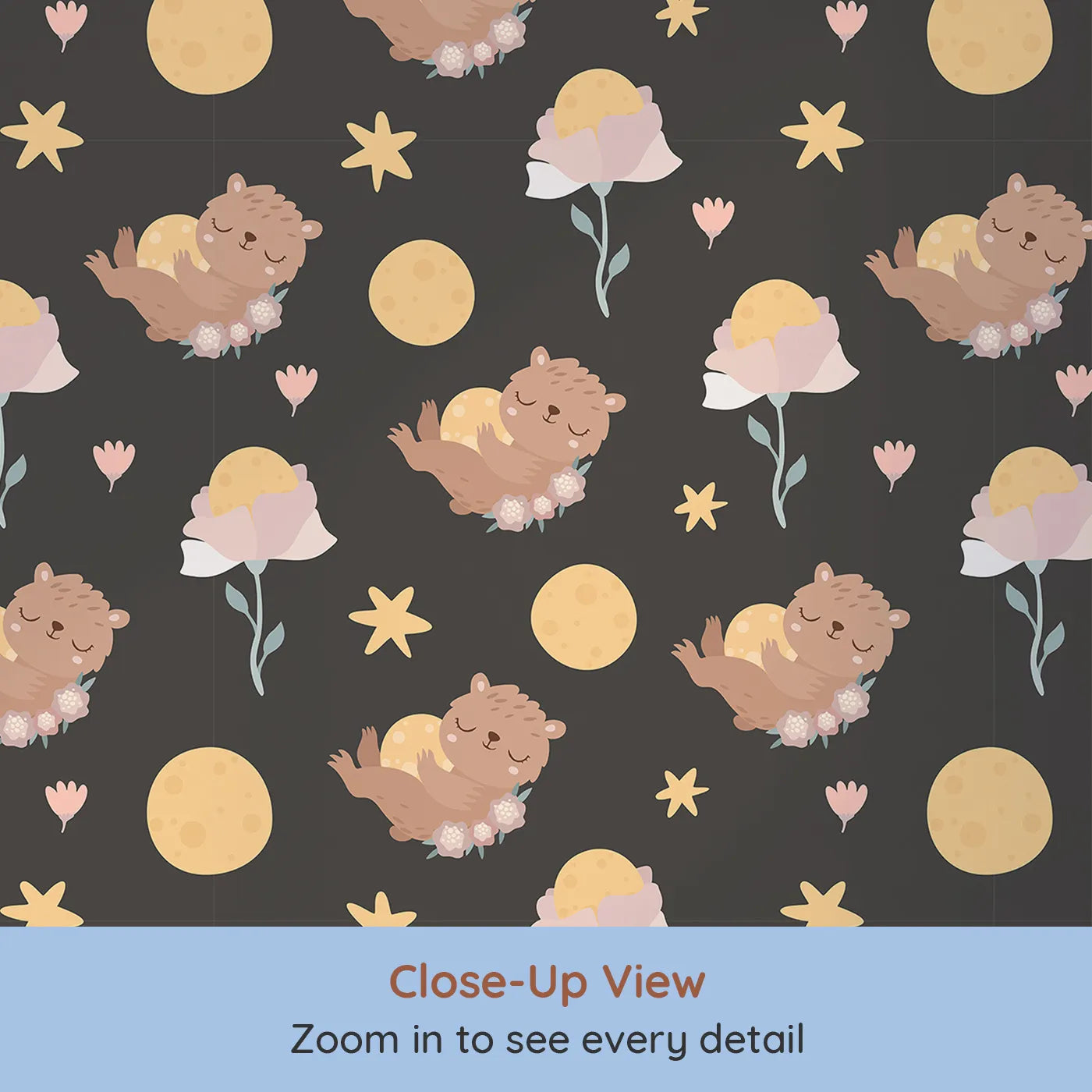 Close-up view of Whimsy Tots' Moonlit Bear Dreams Wallpaper in Midnight Cocoa Brown (W3128E).Golden moons and sleeping bears rest against a deep chocolate sky.