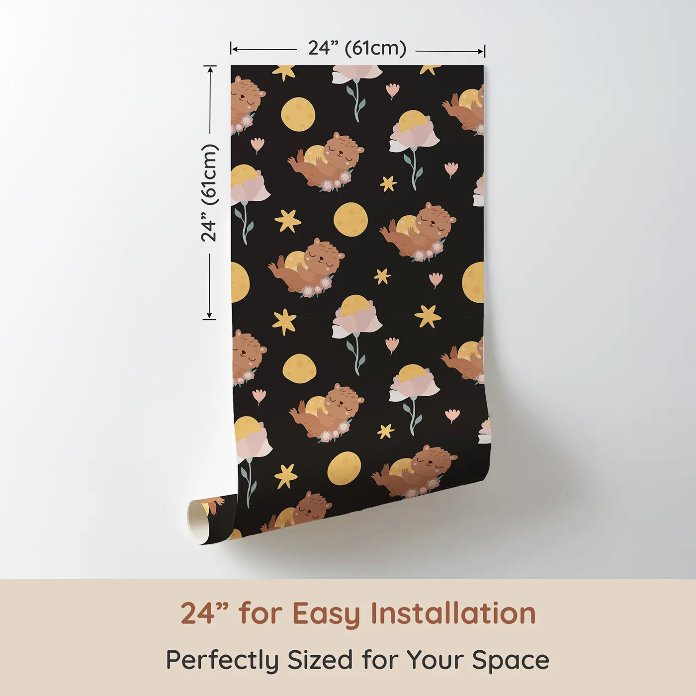 Dimension view of Whimsy Tots Moonlit Bear Dreams Wallpaper in Midnight Cocoa Brown (W3128E). Printed in 24-inch-wide panel for easy installation. Golden moons and sleeping bears rest against a deep chocolate sky.