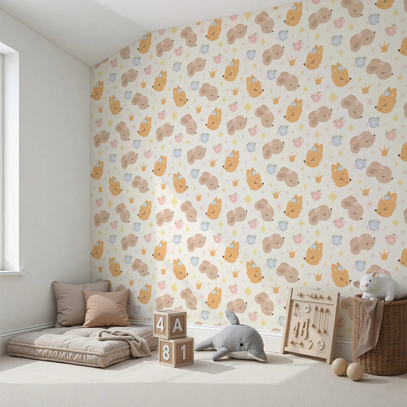 Angled view of Whimsy Tots' Royal Woodland Friends Wallpaper in Cream Crown (W3129A).Foxes, bunnies, and bears nap sweetly beneath pastel crowns and stars.
