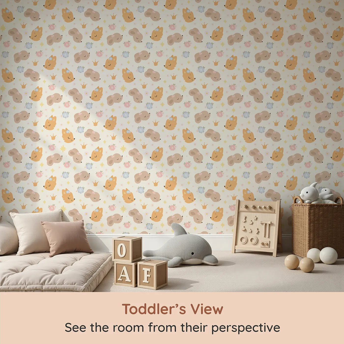 Whimsy Tots Royal Woodland Friends Wallpaper in Cream Crown (W3129A) from your child's view.Foxes, bunnies, and bears nap sweetly beneath pastel crowns and stars.