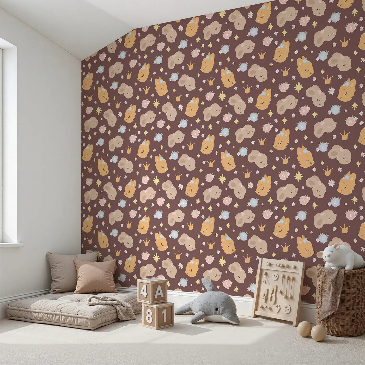 Angled view of Whimsy Tots' Royal Woodland Friends Wallpaper in Cocoa Crown Brown (W3129B).Sleepy foxes and bunnies nap beneath stars and crowns on soft cocoa brown.