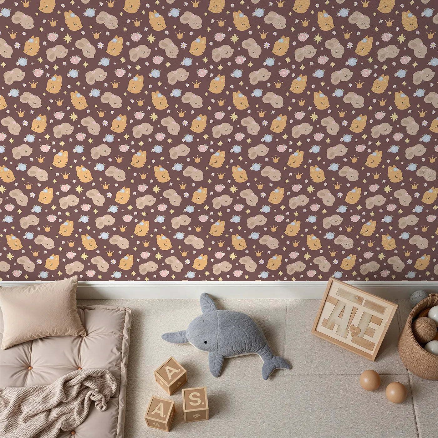 Top-Down view of Whimsy Tots' Royal Woodland Friends Wallpaper in Cocoa Crown Brown (W3129B).Sleepy foxes and bunnies nap beneath stars and crowns on soft cocoa brown.