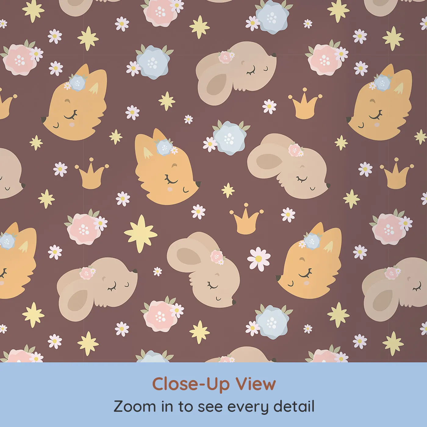 Close-up view of Whimsy Tots' Royal Woodland Friends Wallpaper in Cocoa Crown Brown (W3129B).Sleepy foxes and bunnies nap beneath stars and crowns on soft cocoa brown.