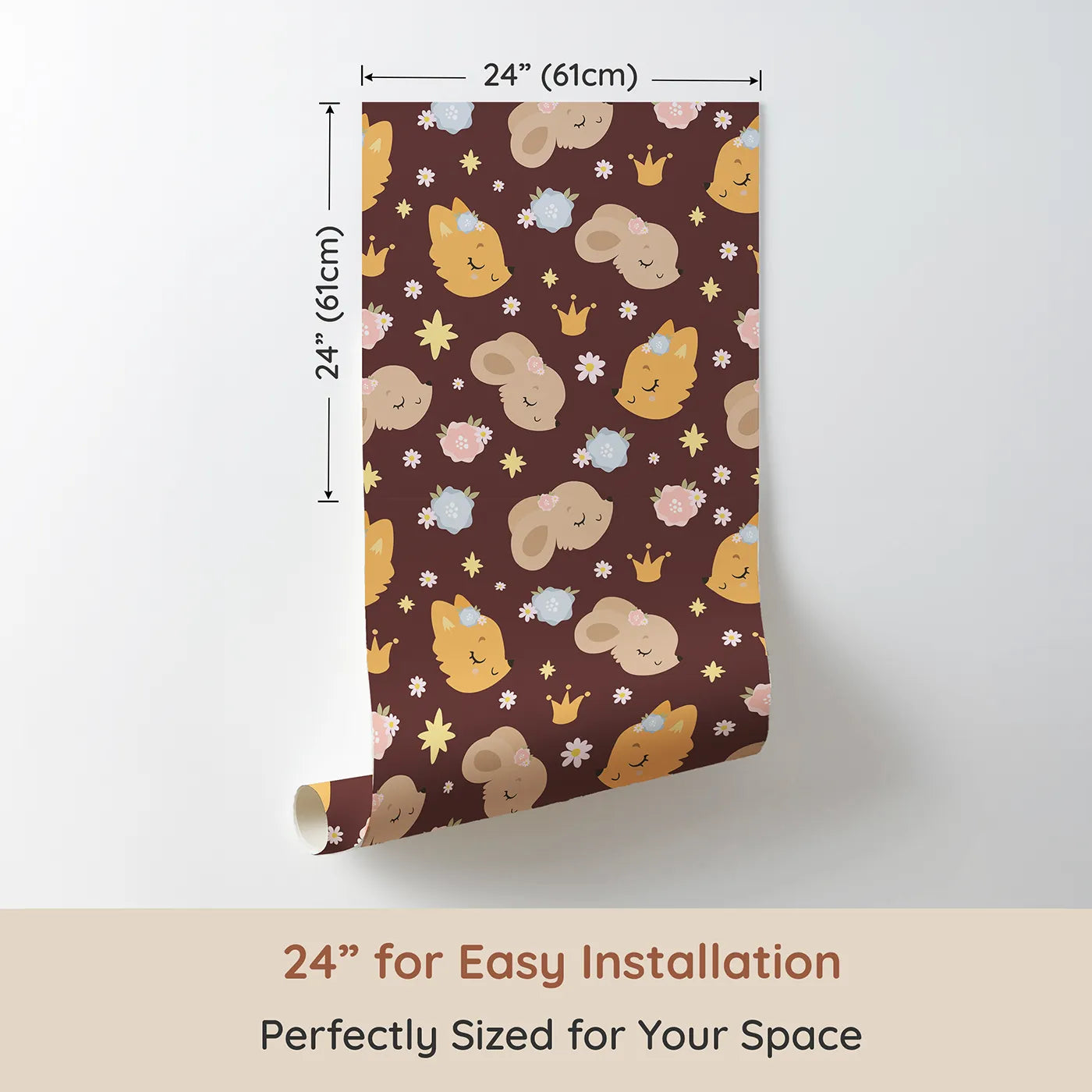 Dimension view of Whimsy Tots Royal Woodland Friends Wallpaper in Cocoa Crown Brown (W3129B). Printed in 24-inch-wide panel for easy installation. Sleepy foxes and bunnies nap beneath stars and crowns on soft cocoa brown.