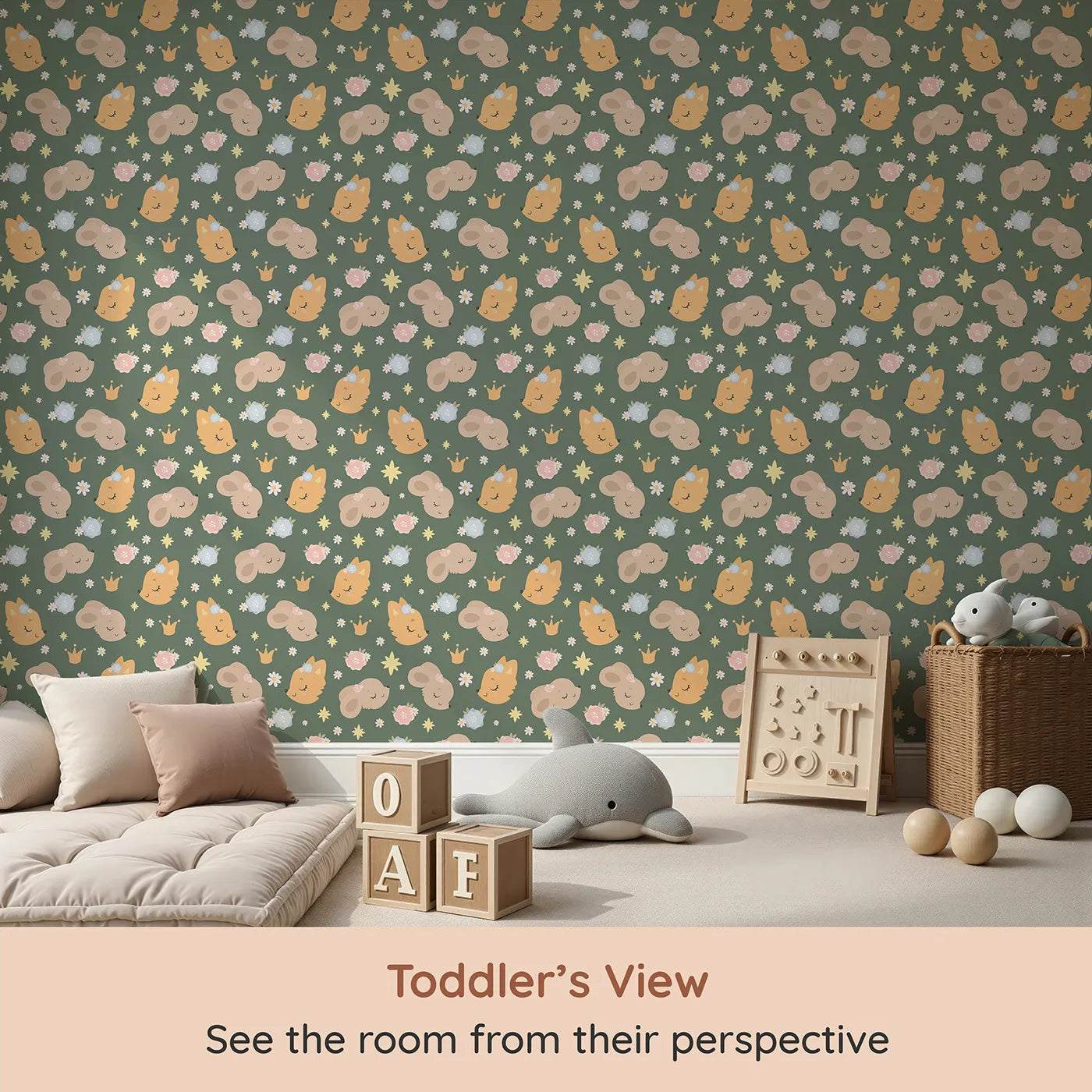 Whimsy Tots Royal Woodland Friends Wallpaper in Forest Crown Green (W3129C) from your child's view.Blossom-crowned animals drift sweetly beneath golden stars and soft greenery.