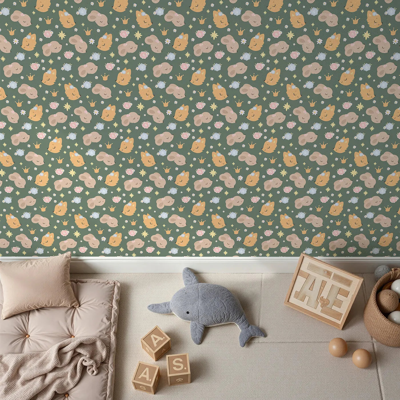Top-Down view of Whimsy Tots' Royal Woodland Friends Wallpaper in Forest Crown Green (W3129C).Blossom-crowned animals drift sweetly beneath golden stars and soft greenery.