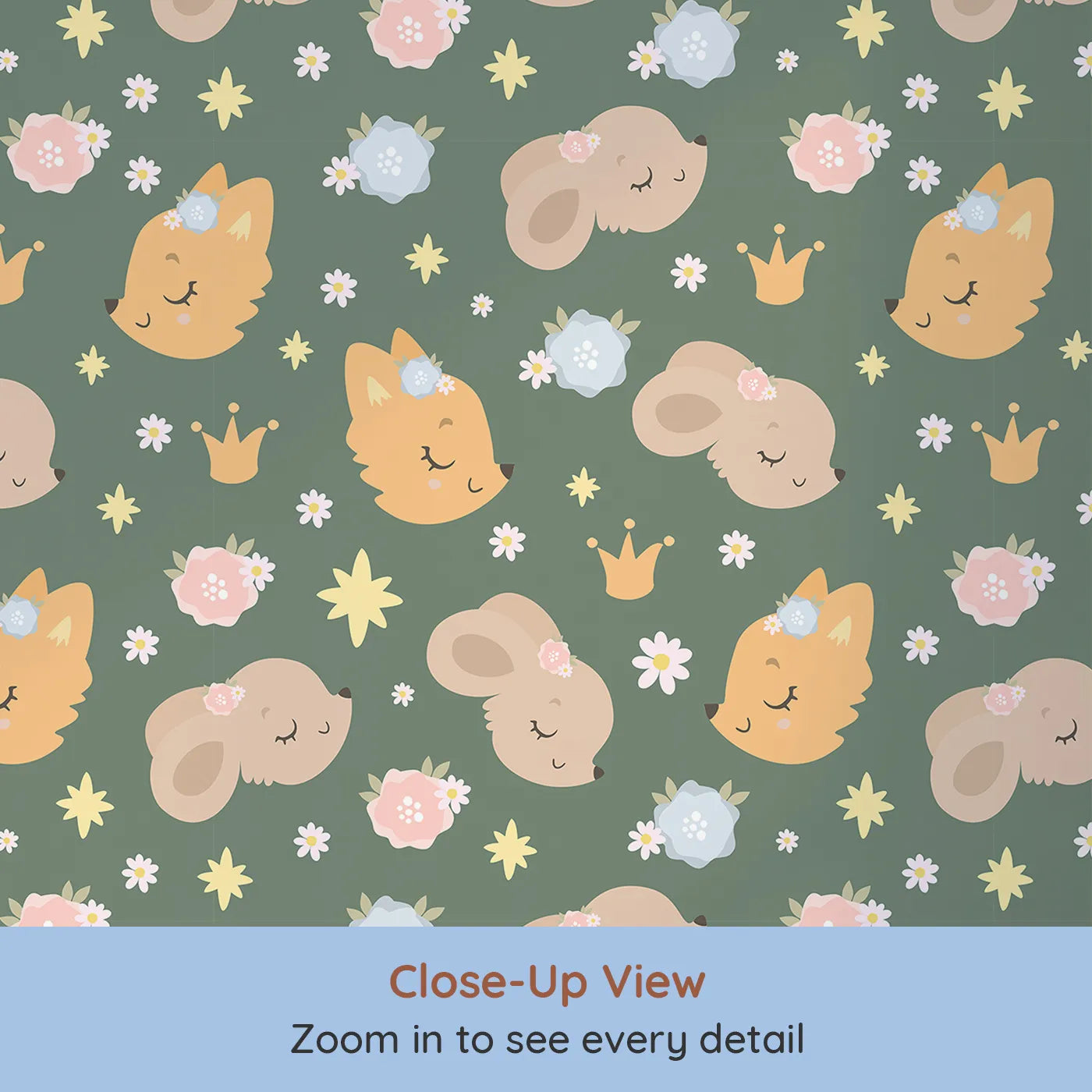 Close-up view of Whimsy Tots' Royal Woodland Friends Wallpaper in Forest Crown Green (W3129C).Blossom-crowned animals drift sweetly beneath golden stars and soft greenery.