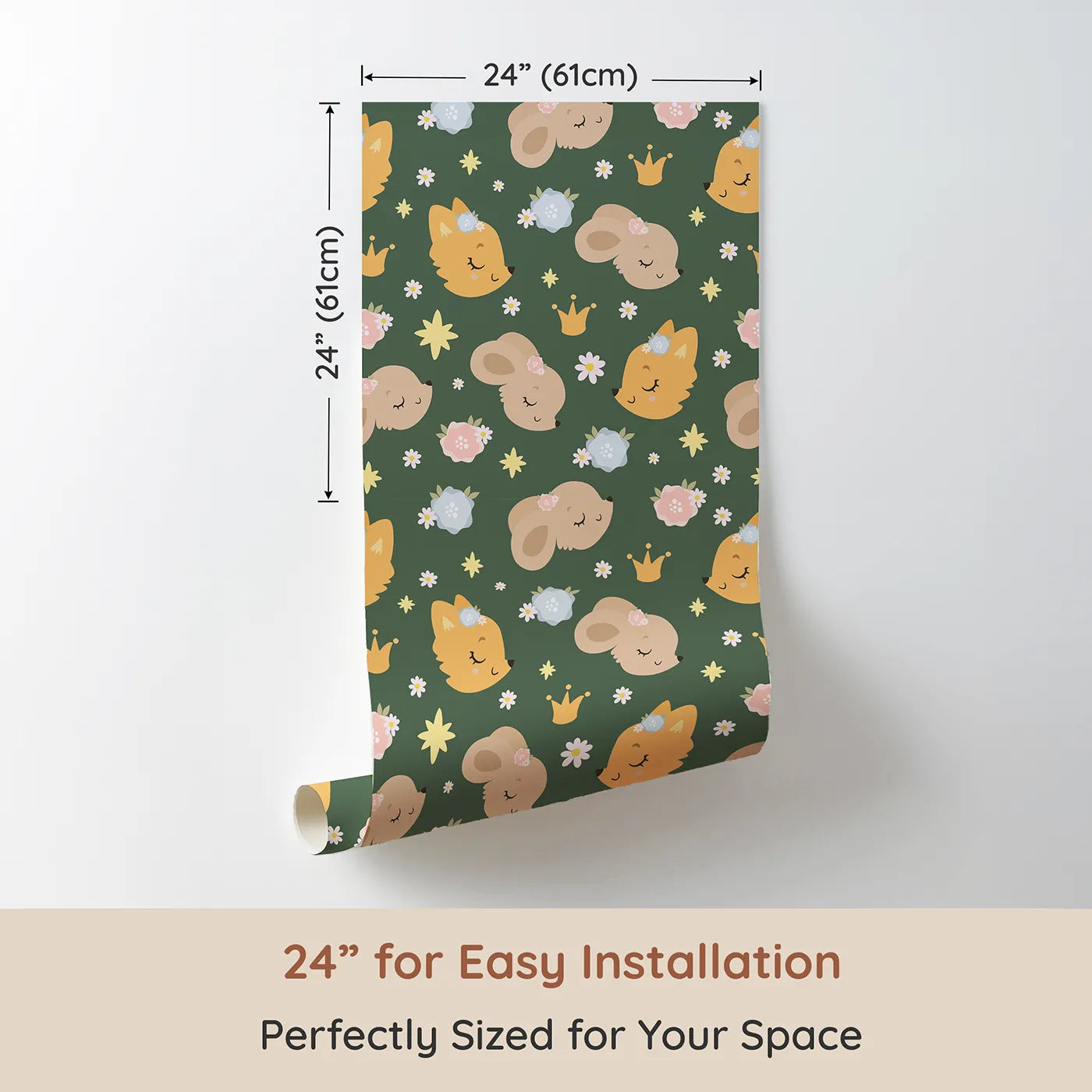 Dimension view of Whimsy Tots Royal Woodland Friends Wallpaper in Forest Crown Green (W3129C). Printed in 24-inch-wide panel for easy installation. Blossom-crowned animals drift sweetly beneath golden stars and soft greenery.