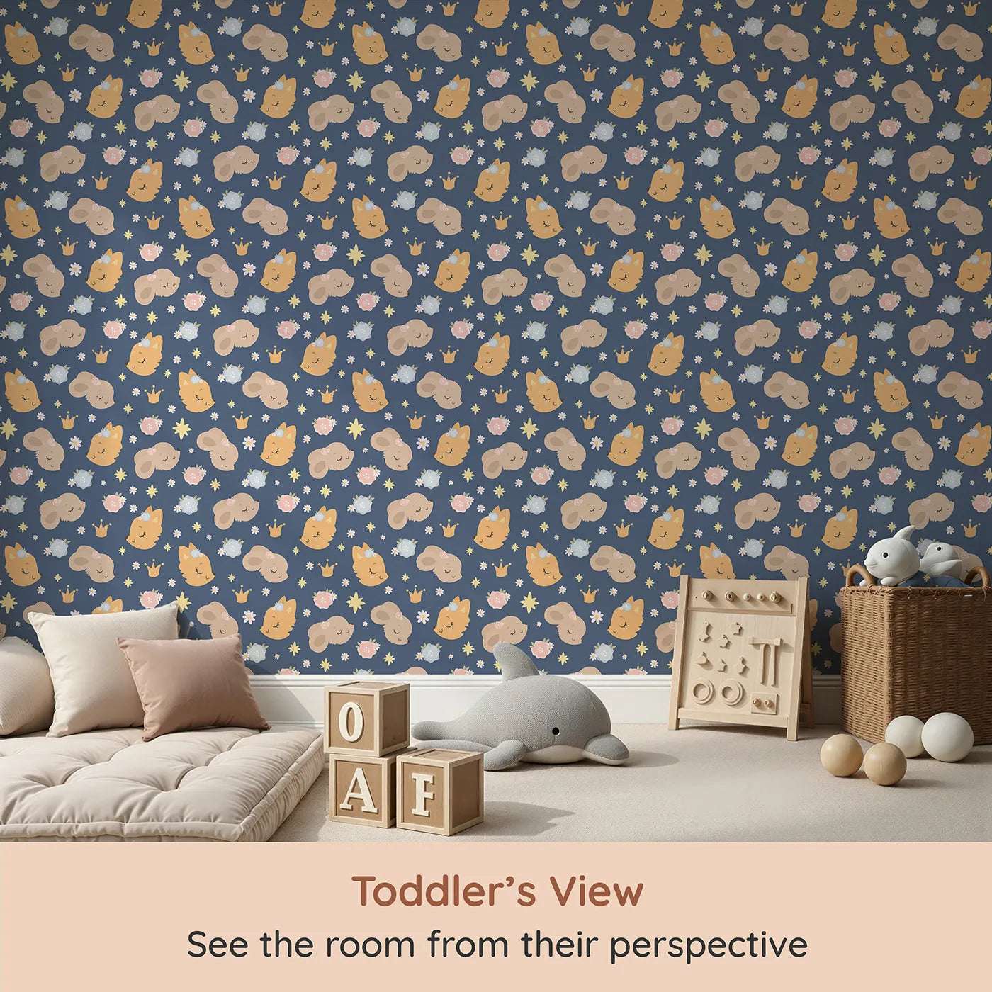 Whimsy Tots Royal Woodland Friends Wallpaper in Twilight Crown (W3129D) from your child's view.Crowned animals drift beneath starlight on a dusky blue night.