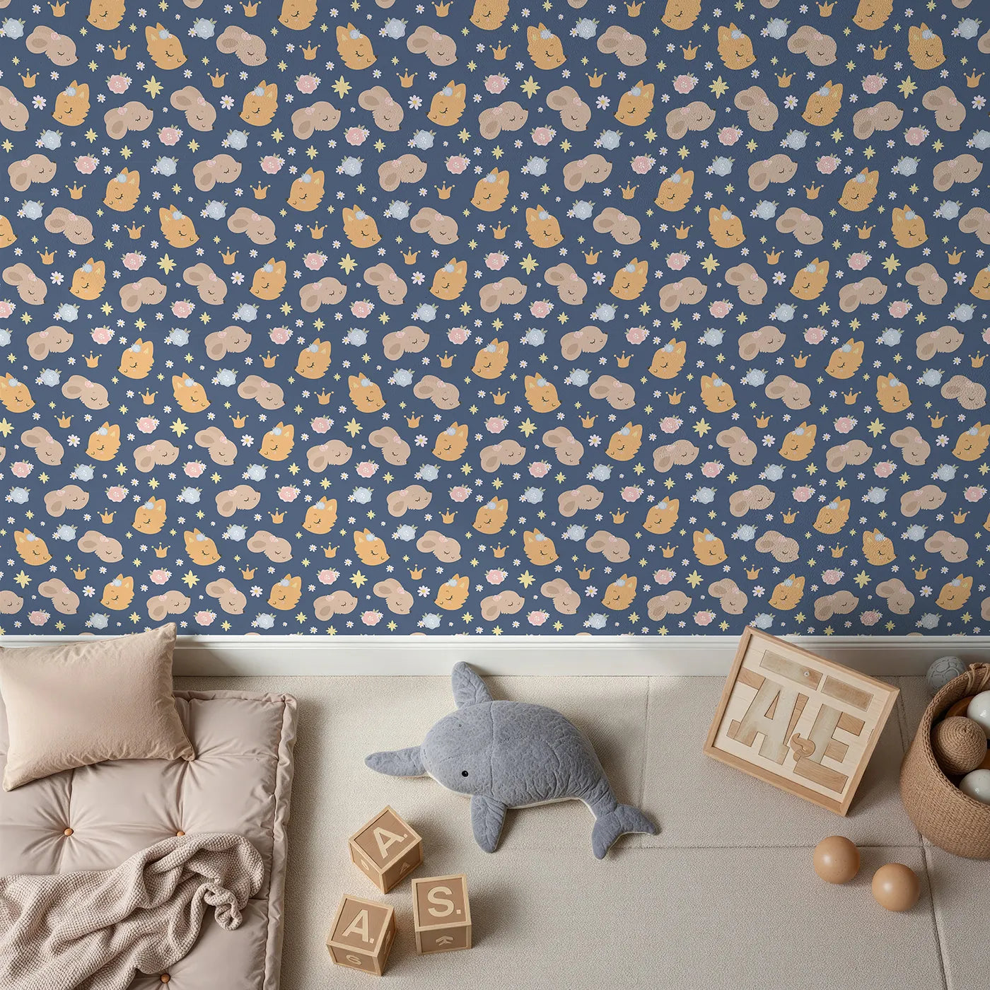 Top-Down view of Whimsy Tots' Royal Woodland Friends Wallpaper in Twilight Crown (W3129D).Crowned animals drift beneath starlight on a dusky blue night.