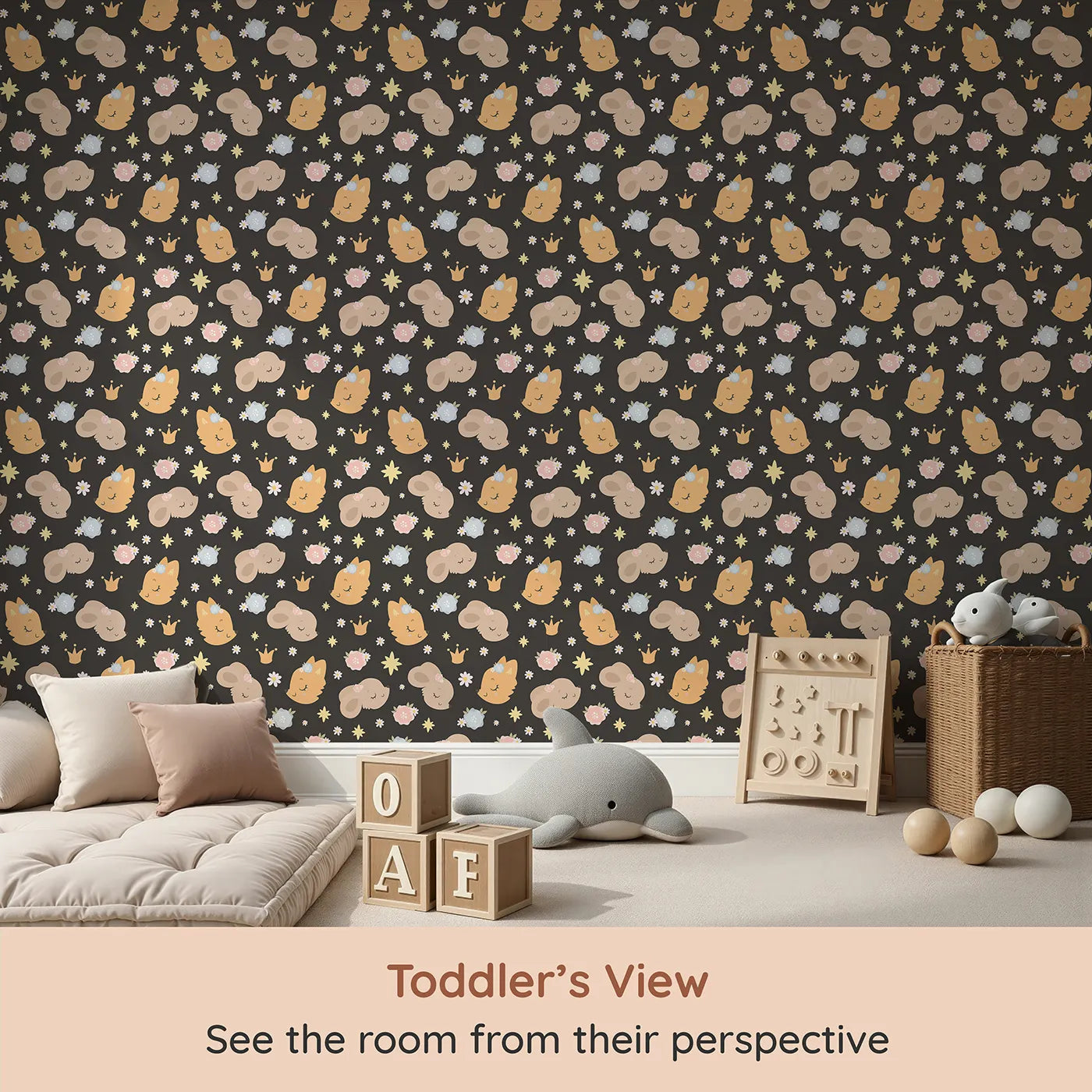 Whimsy Tots Royal Woodland Friends Wallpaper in Midnight Crown (W3129E) from your child's view.Golden-crowned animals glow softly on a deep midnight backdrop.