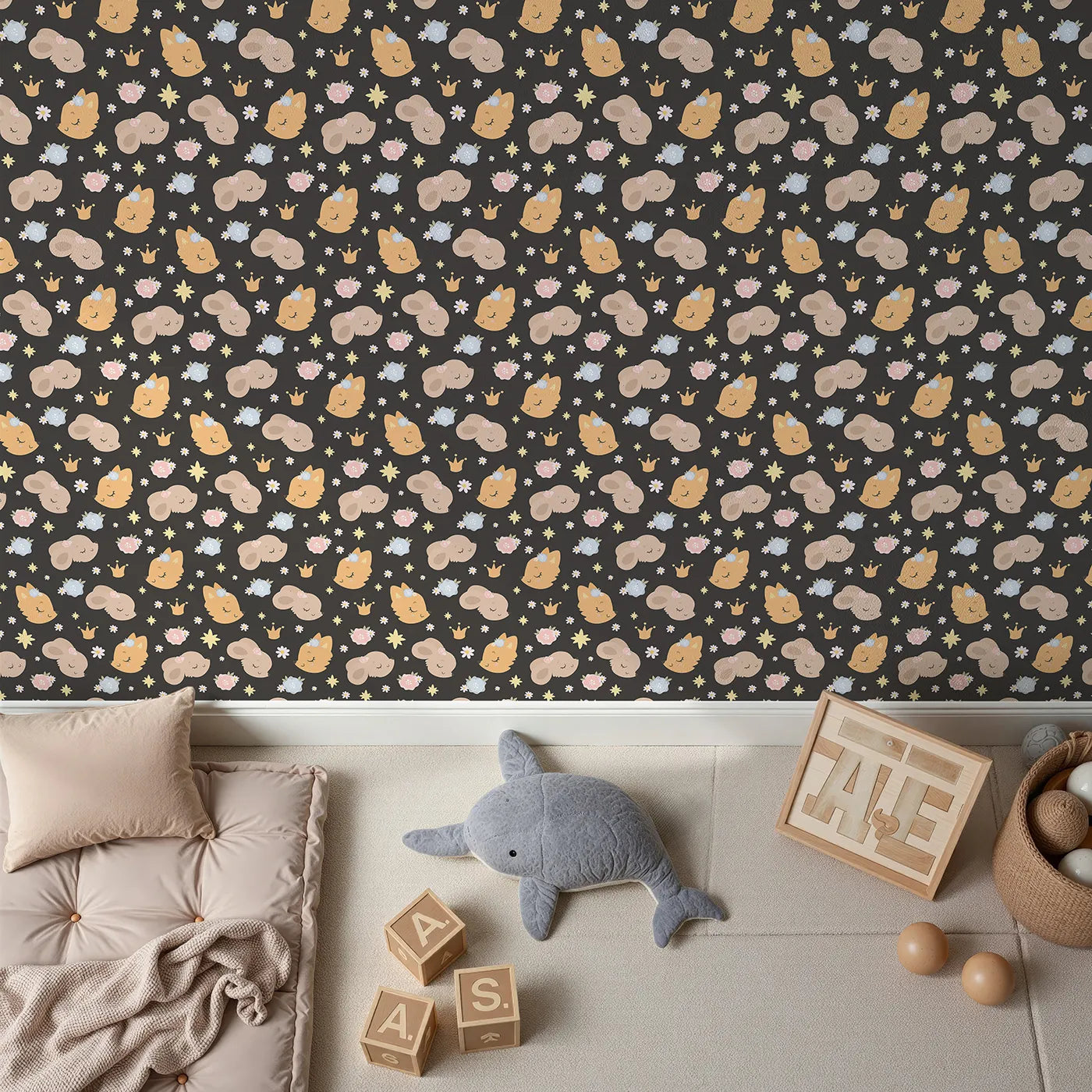 Top-Down view of Whimsy Tots' Royal Woodland Friends Wallpaper in Midnight Crown (W3129E).Golden-crowned animals glow softly on a deep midnight backdrop.