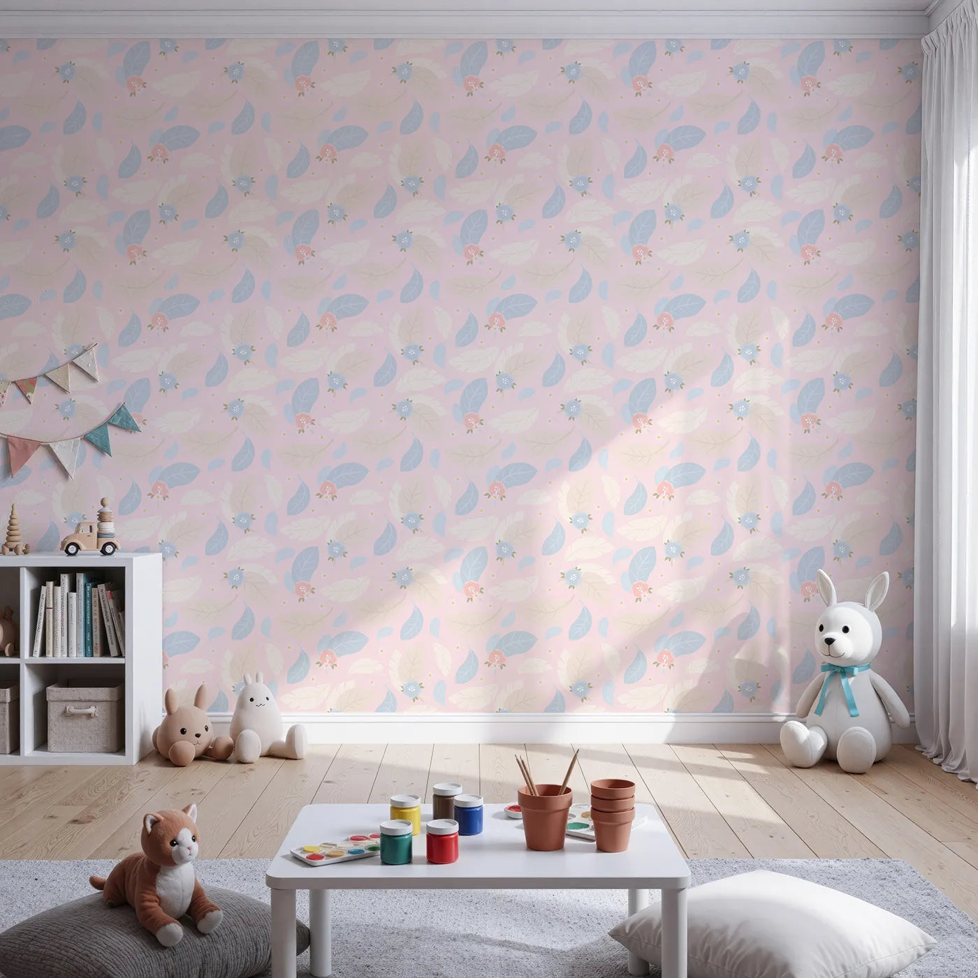 Front view of Whimsy Tots' Whispering Petal Leaves Wallpaper in Blush Sky Pink
